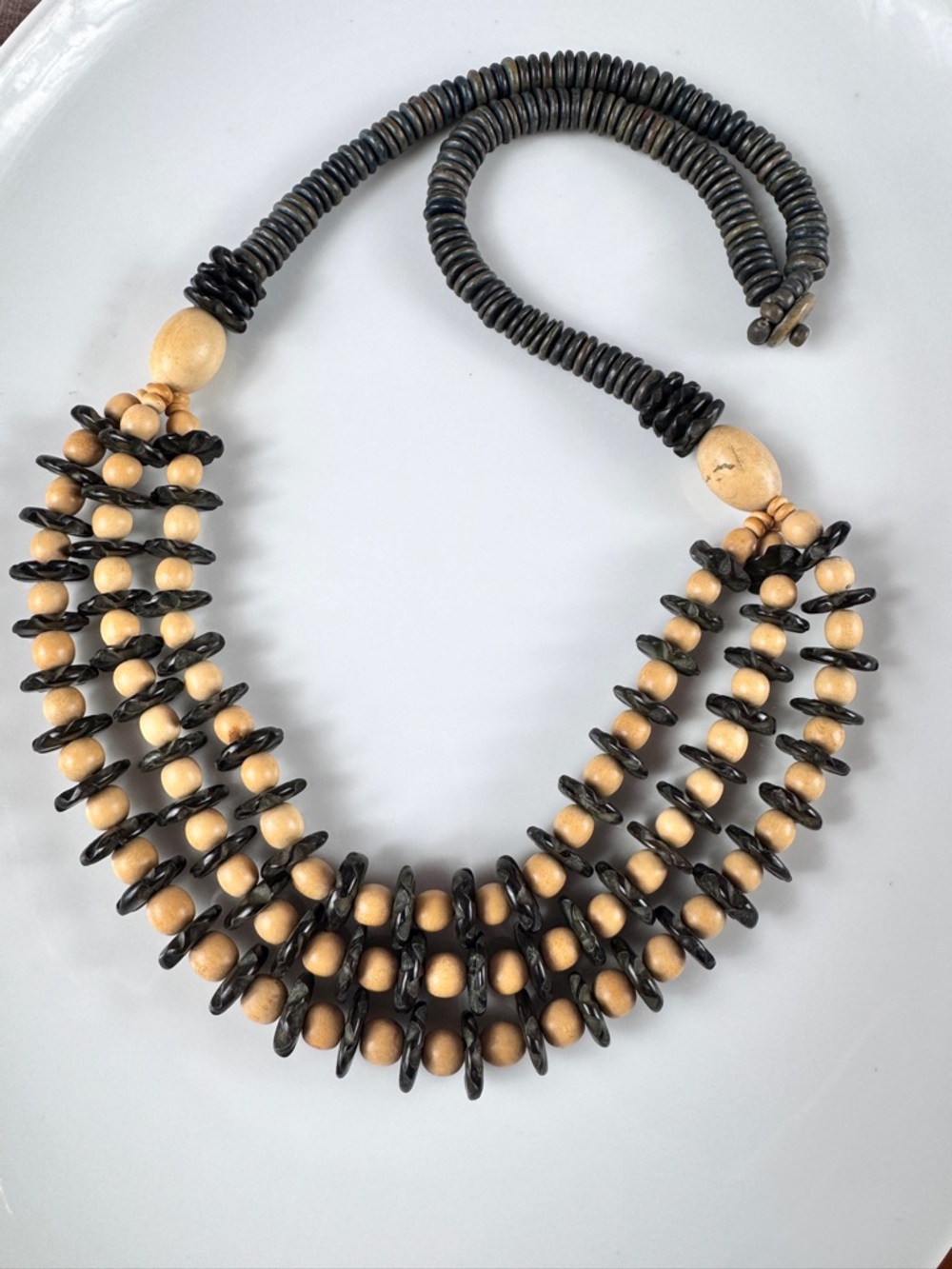 Vintage Black and Natural Wood Multi-Strand Statement Necklace